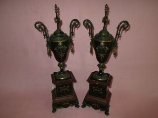Antique 19th C French Louis Xvi Bronze Black Red Marble Mantle Urns Cassolettes