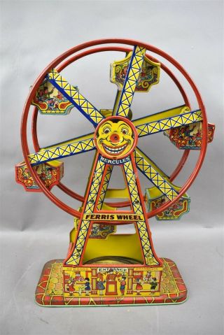 Vintage J Chein Hercules Tin Ferris Wheel Circus Carnival Litho Wind Up Toy