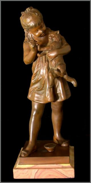 19th.  C Spelter Art Deco Statue Girl With Cat Signed By Eutrope Bouret
