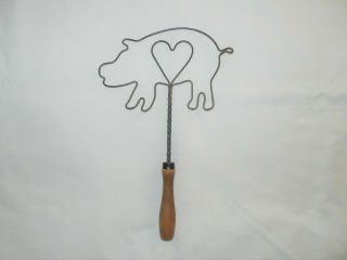 Scarce Vintage Pig Shaped Rug Beater,  Twisted Metal Wire with Wood Handle, 2
