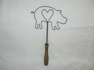 Scarce Vintage Pig Shaped Rug Beater,  Twisted Metal Wire with Wood Handle, 4