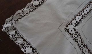 True Vintage Linen Tablecloth Handmade Bobbin Lace Trim Drawn Thread 35 "