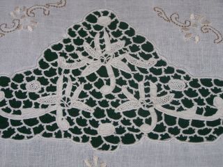 Elegant Vintage Linen Embroidered Tablecloth,  Italian Needle Lace Inserts,  1930