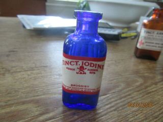 Vintage Medicine Bottle,  Tinct Iodine Poison Usr Blue Bottle