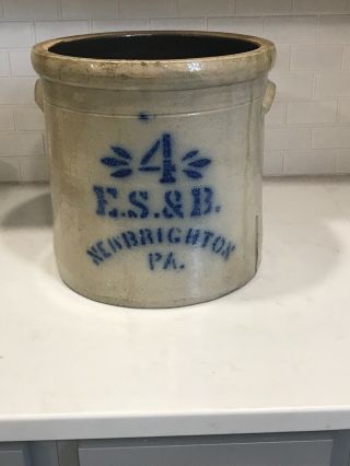 Antique Vintage 4 Gallon Brighton E.  S.  & B.  Blue Stenciled Stoneware Crock