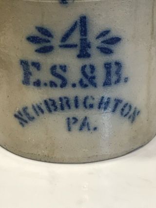 Antique Vintage 4 Gallon Brighton E.  S.  & B.  Blue Stenciled Stoneware Crock 2