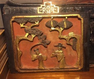 Antique Japanese Wood Carved Guilded Relief Plaque Panel Black Gold Man Woman