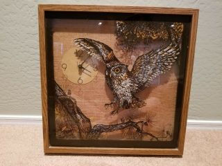 Vintage Elgin Wood Framed Wall Clock With Very Detailed Owl Scene