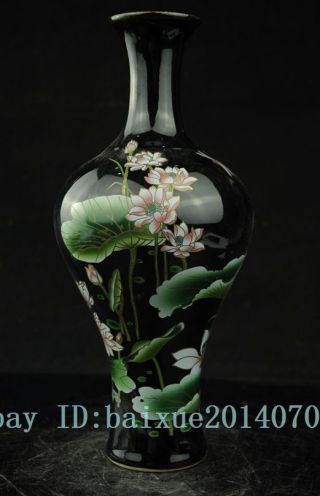 Chinese Old Black Glaze Porcelain Hand Painted Lotus Vase Pretty