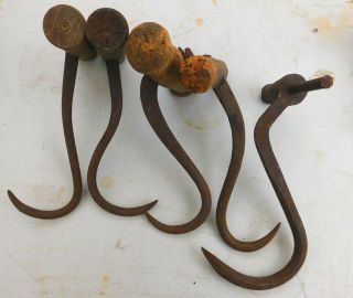 Five Antique Hay Hooks,  Wooden Handles