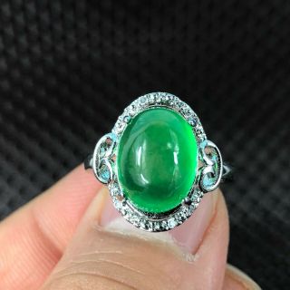 Rare Chinese S925 Silver & Green Jadeite Jade Oval Bead Handwork No.  7 - 12 Ring