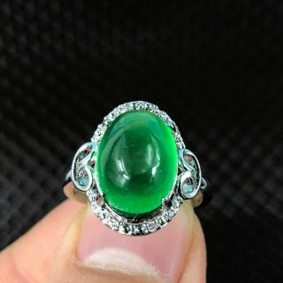 Rare Chinese S925 Silver & Green Jadeite Jade Oval Bead Handwork No.  7 - 12 Ring 2