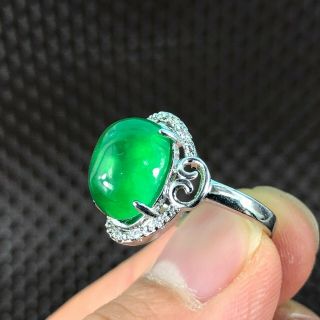 Rare Chinese S925 Silver & Green Jadeite Jade Oval Bead Handwork No.  7 - 12 Ring 4