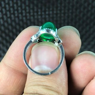 Rare Chinese S925 Silver & Green Jadeite Jade Oval Bead Handwork No.  7 - 12 Ring 7