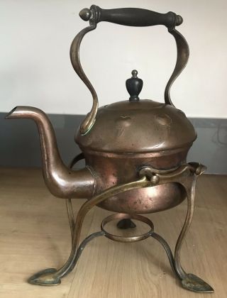 Antique Art Nouveau Copper Spirit Kettle With Brass Holder