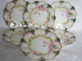 R S Prussia Dessert Plates Set Of 6 Iridescent Cover,  Roses And Gold