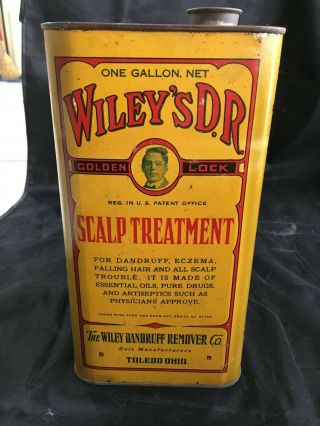 Antique DR Wiley ' s Golden Lock Scalp Treatment Barber Tin 1 Gallon 3