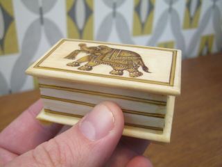 Anglo Indian Antique Style Camel Bone Snuff Box With Hand Painted Elephant