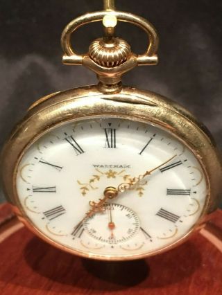 Vtg 14k Gold Waltham Pocket Watch Bwcco Case W/ Dome Glass Display Antique
