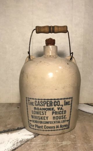 Vintage Casper Whiskey Jug Stoneware Roanoke Va Antique Vtg Advertising