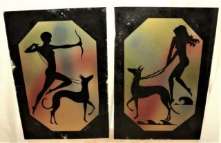 Pair ART DECO Glass Panes Nude Female Figure with PHAROAH HOUNDS Lamp Panels 2