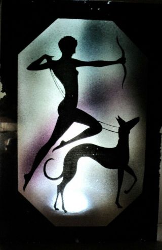Pair ART DECO Glass Panes Nude Female Figure with PHAROAH HOUNDS Lamp Panels 4