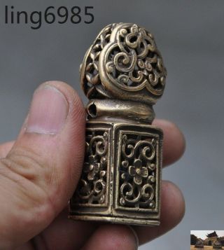 Old Tibet Buddhism bronze copper Hollow flower statue Seal stamp signet Pendant 4