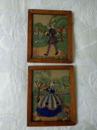 Vintage Framed Embroidery Pictures Lady & Gentleman