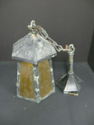 Antique Vtg Arts & Crafts Gothic Iron & Amber Glass Hanging Porch Light Fixture