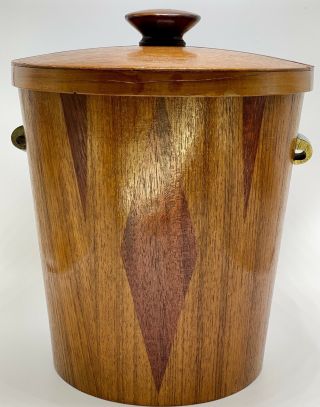 Gorgeous Rare Signed Vegas Retro Danish Mid Century Wood Inlay Ice Bucket Atomic