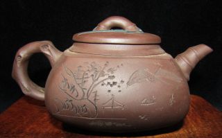 SIGNED VINTAGE CHINESE YIXING TEAPOT Purple Clay Writing on body Color elements 6