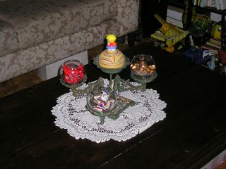 Antique Victorian Ornate Cast Iron Table Decor 3 Arm Candle - Candy - Nut Holder