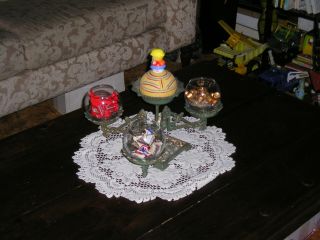 ANTIQUE VICTORIAN ORNATE CAST IRON TABLE DECOR 3 ARM CANDLE - CANDY - NUT HOLDER 2