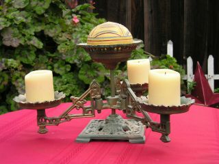 ANTIQUE VICTORIAN ORNATE CAST IRON TABLE DECOR 3 ARM CANDLE - CANDY - NUT HOLDER 5