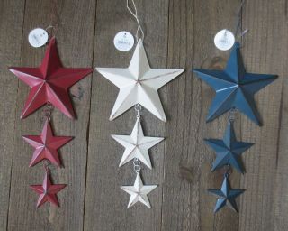 Set Of 3 Red White & Blue Barn Star Hanging Ornaments Patriotic Americana Flag