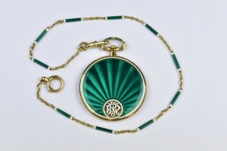 Cartier 18k Gold & Guilloche Enamel Pocket Watch With Matching Chain