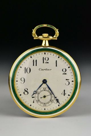 Cartier 18k Gold & Guilloche Enamel Pocket Watch with Matching Chain 2
