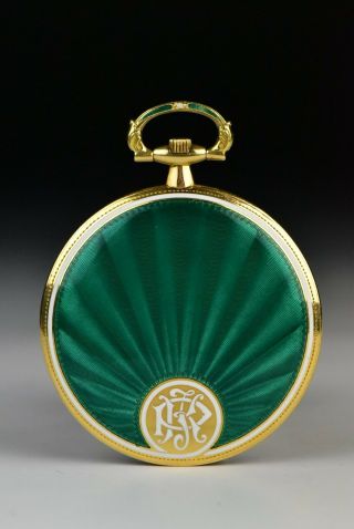 Cartier 18k Gold & Guilloche Enamel Pocket Watch with Matching Chain 3