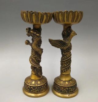 A Pair Old China Brass Dragon And Phoenix Candlestick
