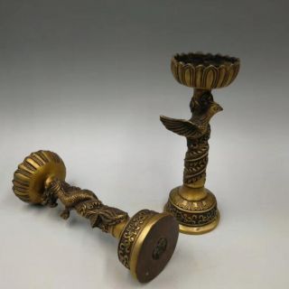 A pair Old China brass dragon and phoenix candlestick 3