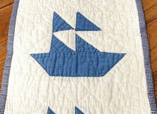 Beach House c 30s BLUE Sailboat QUILT Table Runner 22 x 9 Vintage 2