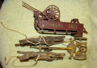 Vintage Cast Iron Horse Drawn Patrol Fire Wagon 2 Horses With Wagon
