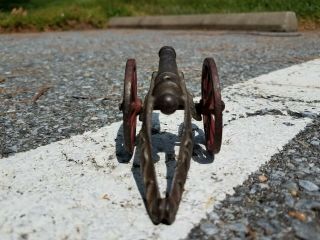 Antique Cast Iron mini blk powder ornate Signal Cannon w/orig.  red silver paint 4