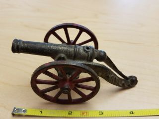 Antique Cast Iron mini blk powder ornate Signal Cannon w/orig.  red silver paint 5