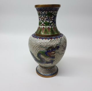 Vintage Chinese Cloisonne Vase Two Imperial Dragons White Bronze Oriental Antiqu