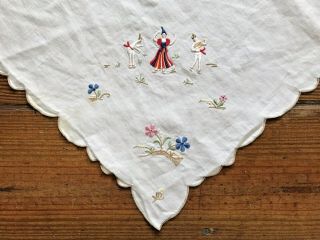 Antique Portugal Linen Tablecloth Heavily Embroidered Colorful Folk Art Figures