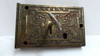 Antique Victorian Ornate Cast Brass Front Door Rim Lock A.  R.  E.  & Key
