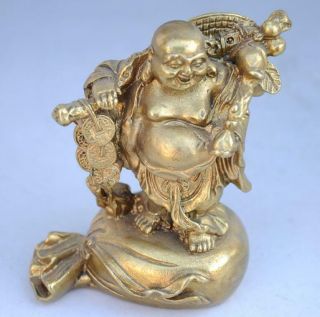 Chinese Old Copper Wealth Happy Laugh Maitreya Buddha Money Bag Statue B02