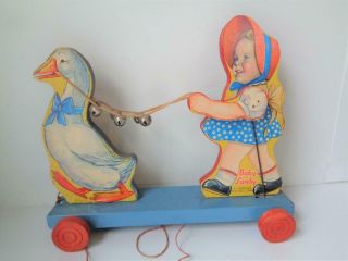 Vintage BABY SANDY PULL TOY The Gong Bell Mfg Co Wood Metal CHILD ACTRESS STAR 4