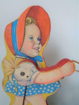 Vintage BABY SANDY PULL TOY The Gong Bell Mfg Co Wood Metal CHILD ACTRESS STAR 8